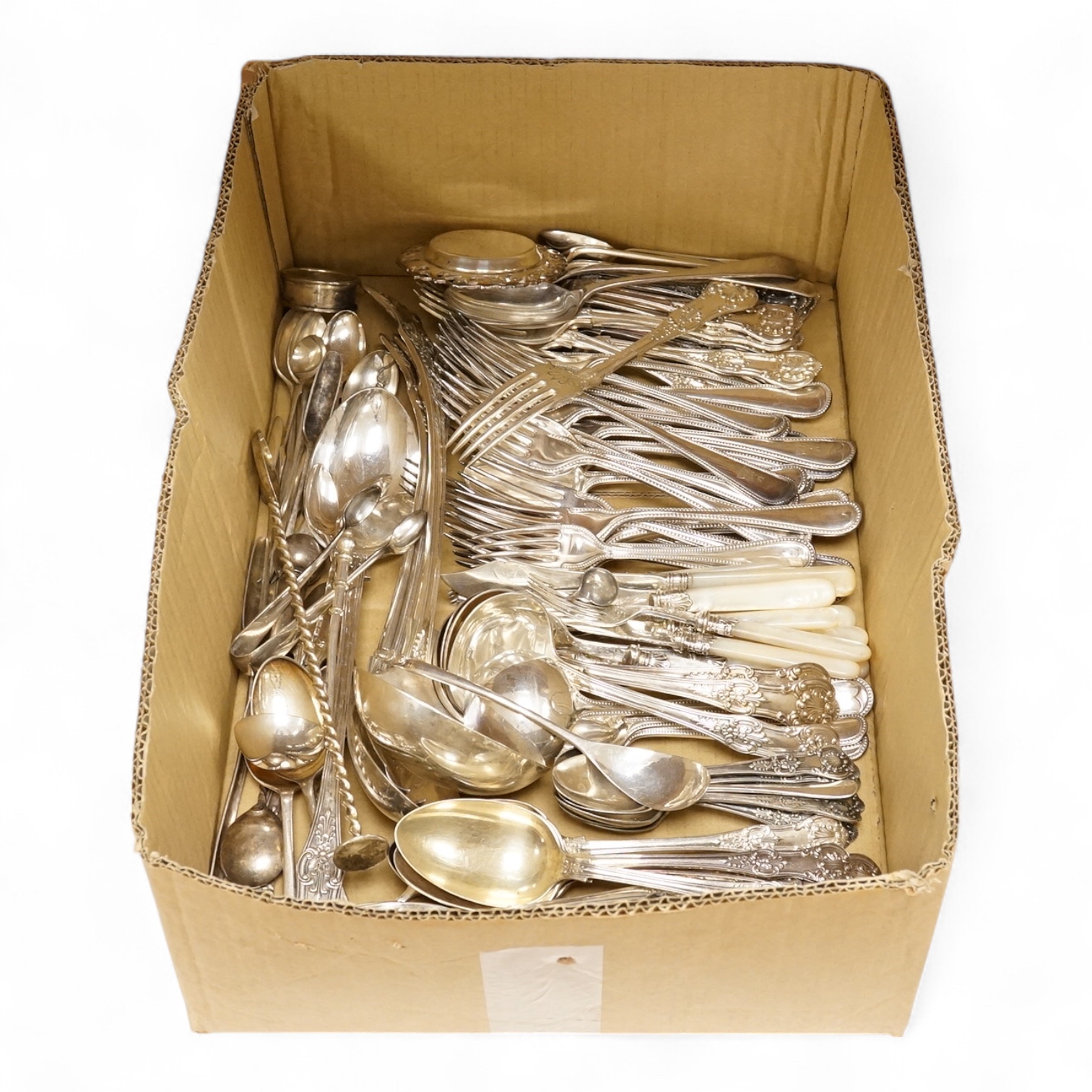 A quantity of assorted plated flatware including Kings pattern and beaded Old English pattern.